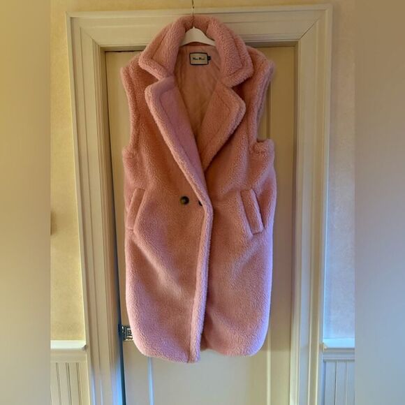 Nee Mint Pink Teddy Bear long vest buttondown coat midweight M - Picture 1 of 13